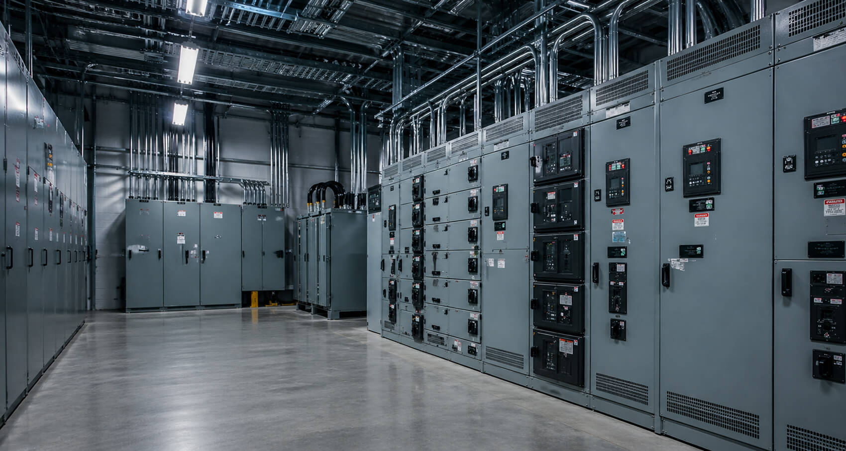 Modern commercial electrical switchgear room with upgraded panels and conduit systems in an industrial facility