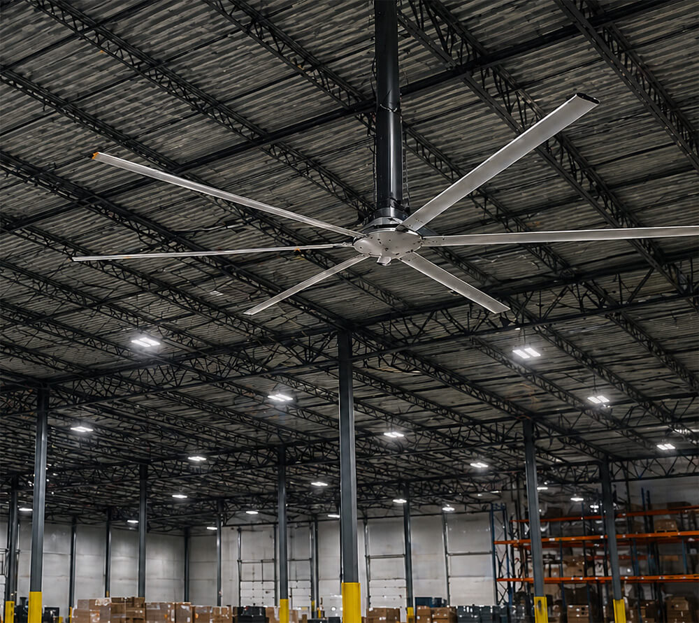 Large industrial warehouse interior with high ceilings, steel trusses, and an installed HVLS ceiling fan providing airflow across open storage and pallet areas.