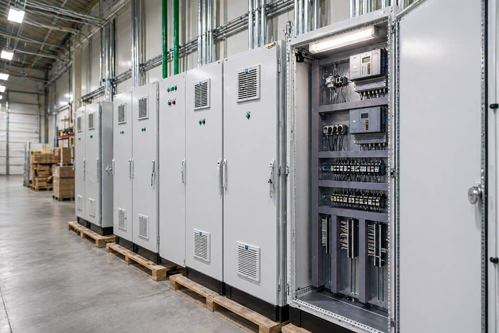 Industrial electrical control cabinets with open panel showing organized wiring and components inside a modern manufacturing facility