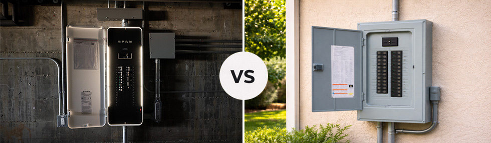 SPAN smart panel vs traditional electrical panel installed on home exterior in Southern California, showing modern energy management upgrade compared to standard breaker panel