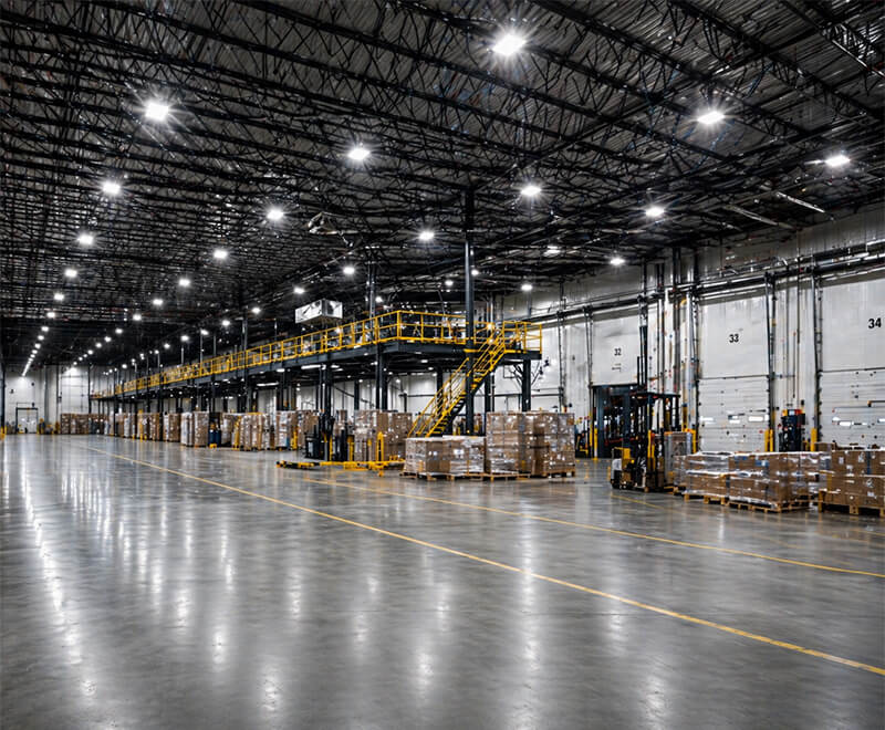 Large industrial warehouse with bright LED lighting, high ceilings, pallet storage, and open floor space designed for commercial operations and energy efficient lighting upgrades.