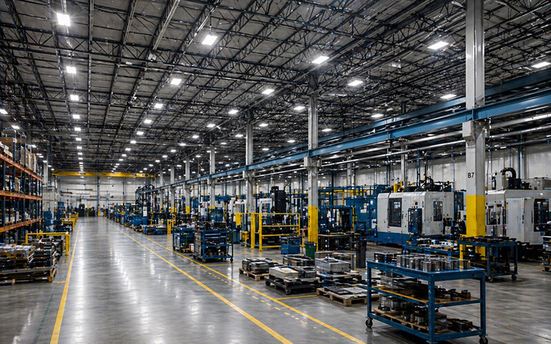 Large industrial warehouse with bright LED lighting, high ceilings, pallet storage, and open floor space designed for commercial operations and energy efficient lighting upgrades.