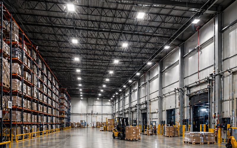 Large industrial warehouse with bright LED lighting, high ceilings, pallet storage, and open floor space designed for commercial operations and energy efficient lighting upgrades.