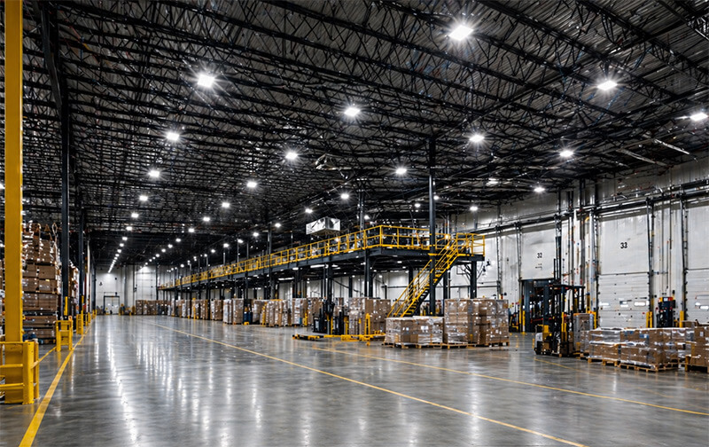 Large industrial warehouse with bright LED lighting, high ceilings, pallet storage, and open floor space designed for commercial operations and energy efficient lighting upgrades.