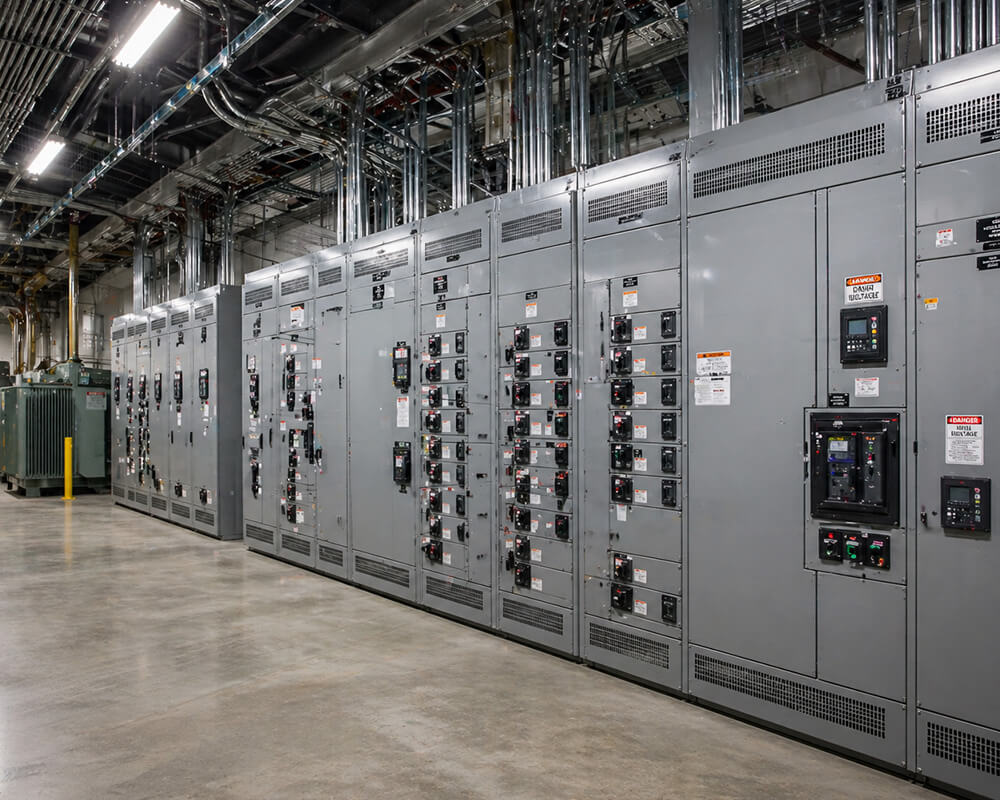 Industrial electrical distribution panels and upgraded power infrastructure inside a large warehouse facility
