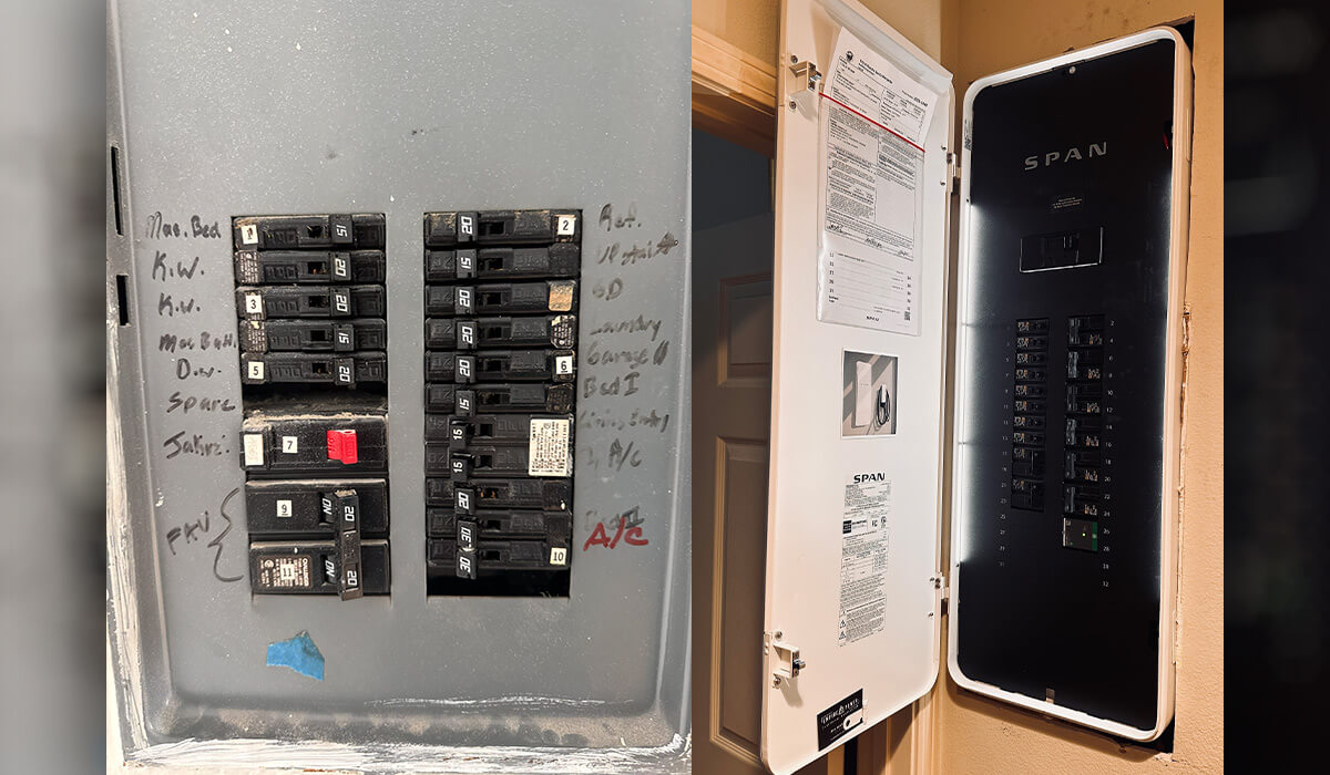 comparison of old electrical panel and new SPAN smart panel installation showing upgraded home energy system in Southern California
