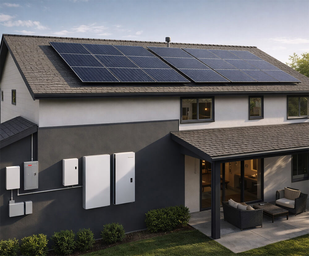 Modern two-story home with rooftop solar panels and integrated battery backup system, showcasing residential renewable energy installation in Riverside, CA